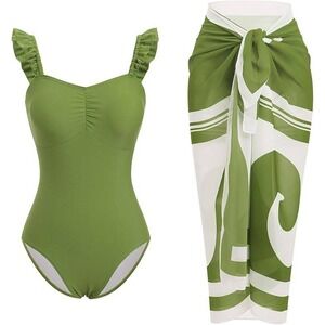 IDOPIP Olive Green One Piece Swimsuit w Ruffle Straps and Sarong Set L / #26541